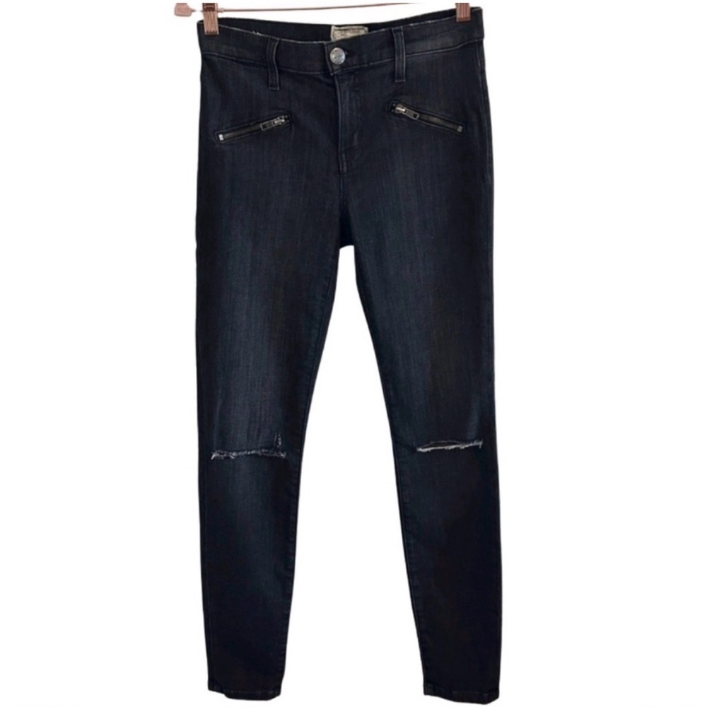 Current/Elliott Dark Wash Skinny Jeans Size 27 Zip Pocket Distressed Knees